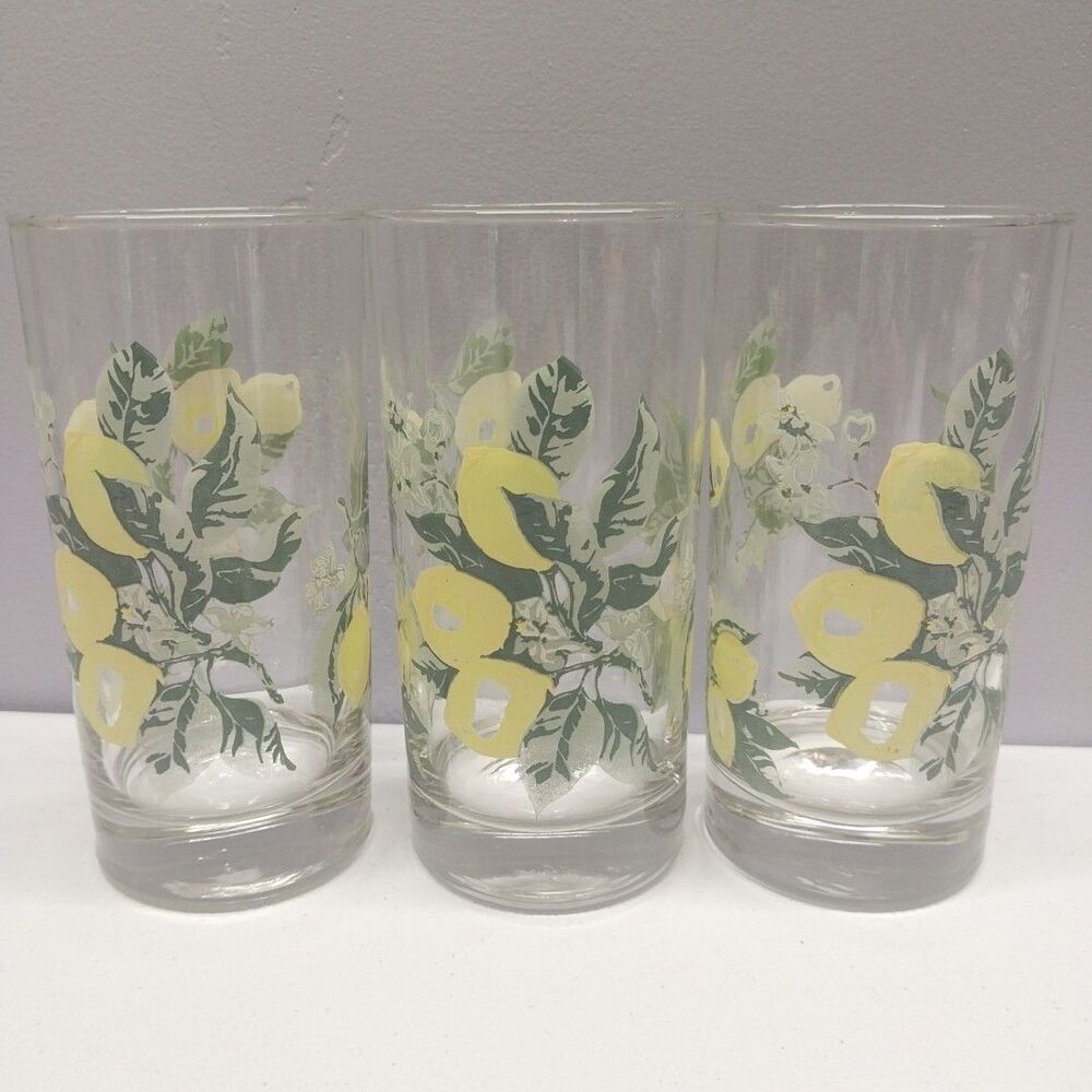 Vintage Lemon Citrus Tumblers Set of 3 16 oz Drinking Glasses Retro Barware